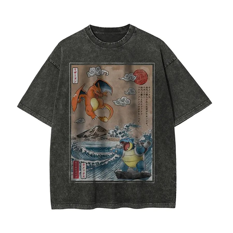 Ukiyoe Charizard vs Blastoise Pokemon Anime Vintage Tee | Pokemon