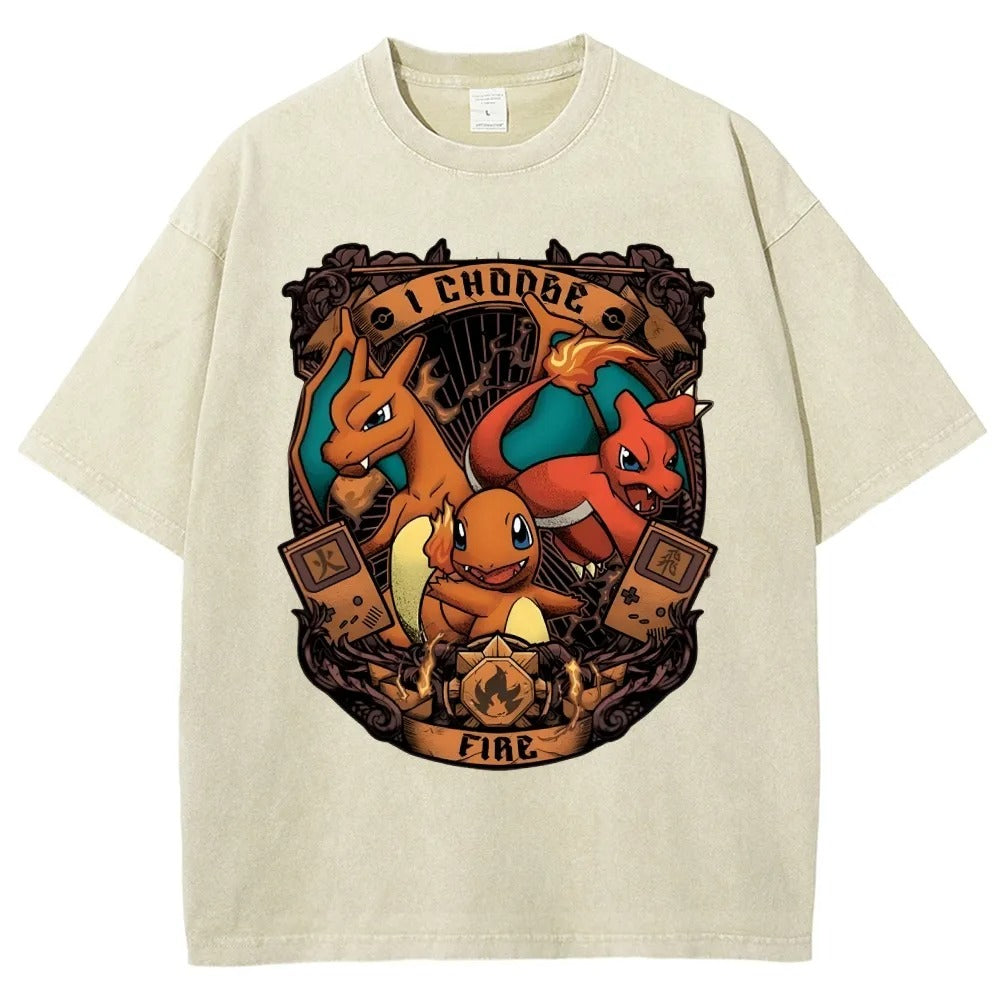 Unisex Vintage Washed T-Shirt | Fire Type Charmander Charmeleon Charizard