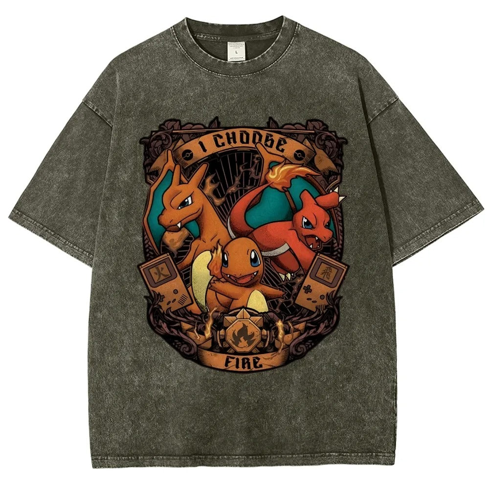 Unisex Vintage Washed T-Shirt | Fire Type Charmander Charmeleon Charizard