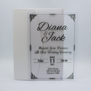 An elegant wedding invitation card for “Diana & Jack” with a white and silver color scheme